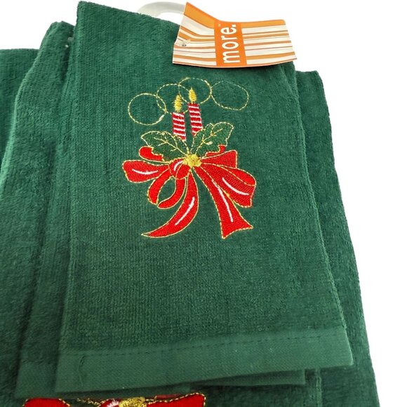 Holiday Towels Bath Set of Three Green Embroidered Bow Holly Candlestick Motif - Picture 6 of 10